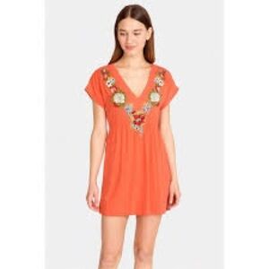Johnny Was Embroidered Soft Orange Tunic Dress Size S Pockets V-neck Floral